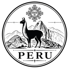 Obraz premium Peru national symbol: llama, Machu Picchu, sun, mountains, and t