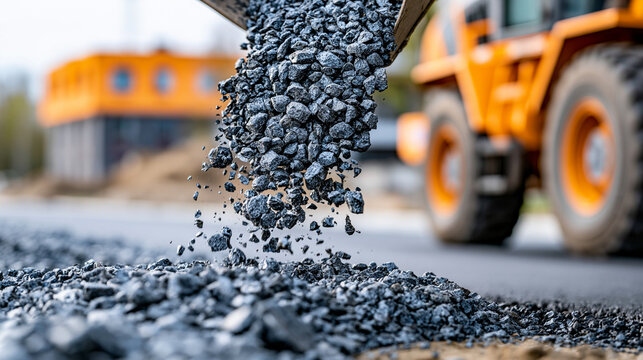 Fresh hot asphalt mix being poured from dump truck onto prepared road base at construction site, material delivery concept, road building process photography, defocused street