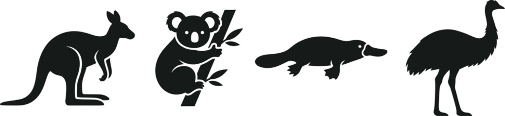 Australian animals, wildlife icons, black silhouettes, vector set, 4 elements © Rifat
