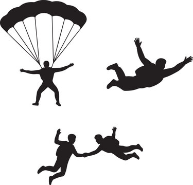 Skydivers with parachute and freefall silhouettes