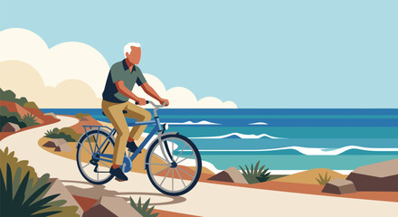 Fototapeta premium Vector illustration of an active senior man with white hair riding a blue bicycle on a scenic coastal path by the ocean beach with waves under a clear sky and large white clouds.