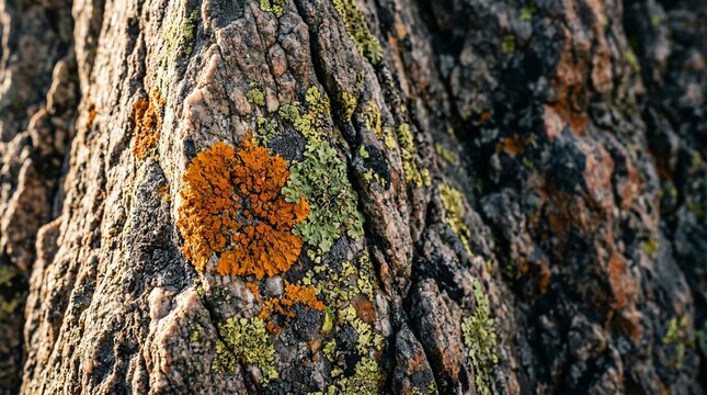 Closeup of colorful lichen growing on a textured rock surface