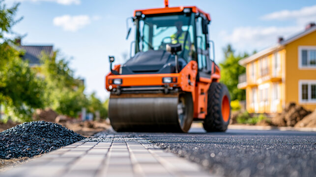 Orange road roller compactor spreading freshly laid asphalt on new suburban street during daytime construction, neighborhood infrastructure concept, residential road building