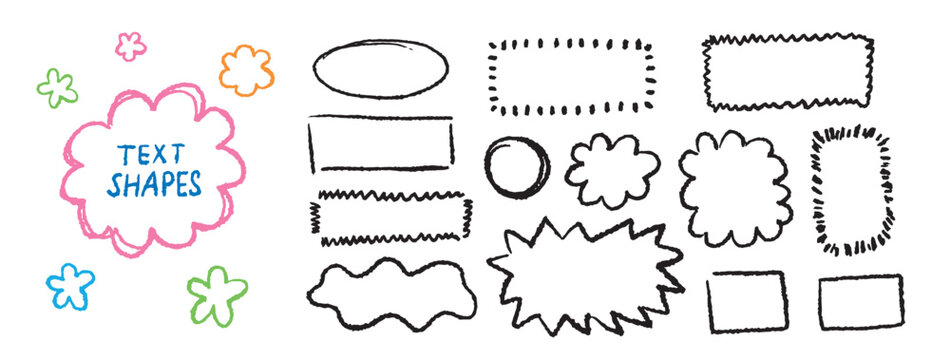 Drawn text boxes and shapes collection Wavy and starburst frames. Hand drawn texture doodle rectangle and circle shapes.