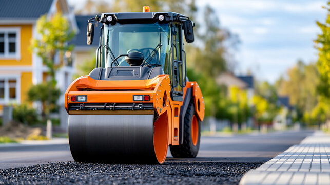 Orange road roller compactor spreading freshly laid asphalt on new suburban street during daytime construction, neighborhood infrastructure concept, residential road building