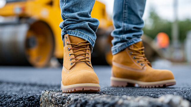 Close-up of faceless road worker boot standing on fresh hot asphalt edge during paving process with heavy yellow roller compactor working in blurred background, construction