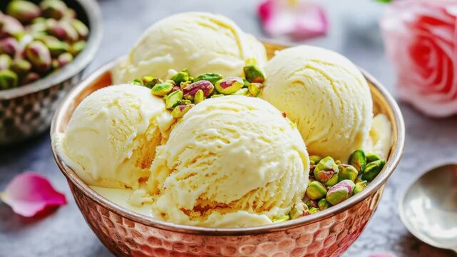 Persian saffron ice cream scoops with crushed pistachios in copper bowl with rose petals close-up