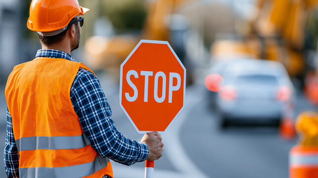 Faceless traffic control worker in orange reflective safety vest with temporary stop sign managing traffic in road work construction zone, traffic safety concept, road work