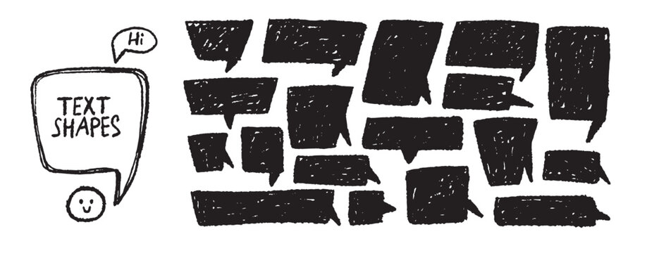 Crayon speech bubble set. Drawn chalk rectangle text box. Textured balloon talk frame collection. Chat icons with grunge sketch texture.