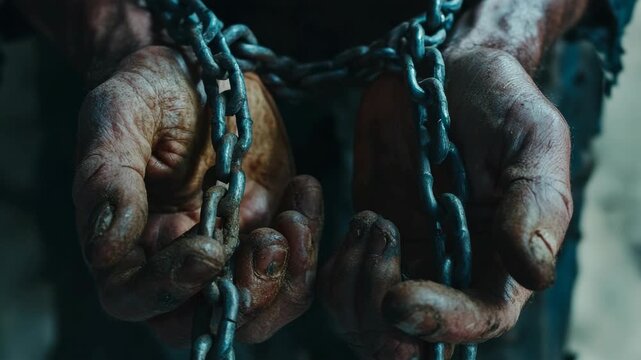 Close-up of dirty and bloody hands behind iron chains. The person appears to be in distress or captivity. This could be used as a symbol of slavery, oppression, or suffering.