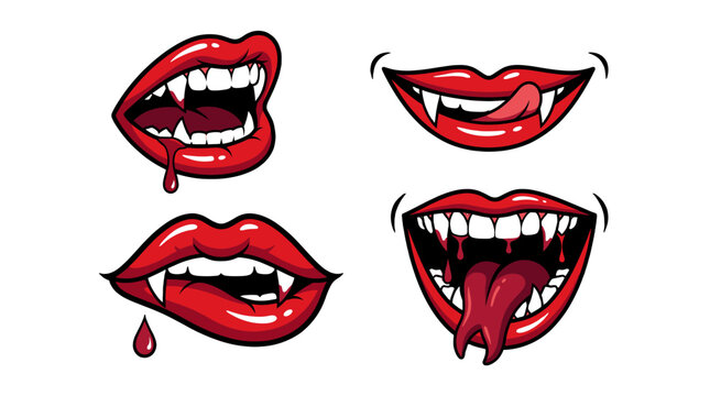 Set of vampire mouth illustrations with fangs and red lips