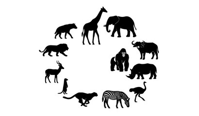 African Safari Animal Silhouettes Collection with Elephant Rhino Lion and Wild Fauna Vector Isolated on White Background © Md Humaun