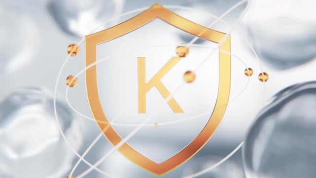 Phylloquinone Vitamin K golden shield symbol in 3D animation. Blood coagulation molecular structure background with transparent liquid cells for medicine and hematology video