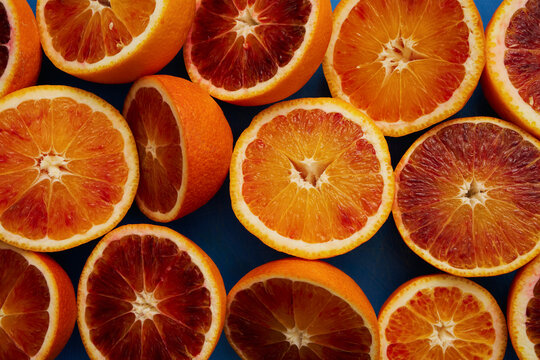 Close up view from above of juicy blood orange halves