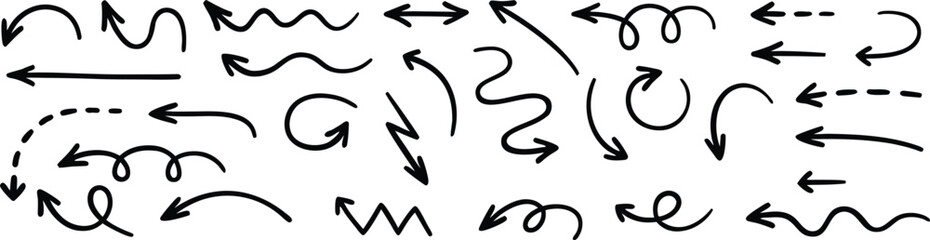 Fototapeta premium Hand drawn arrow doodle collection with sketch directional symbols. Curved and straight pointer set for navigation, and annotation design. Clean vector illustration.