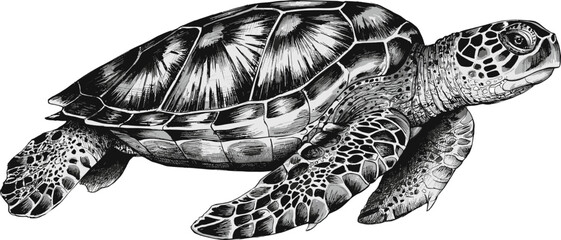 Sea turtle vector illustration with vintage engraved details marine tortoise textured shell flippers and scales for ocean wildlife conservation design. © SNOW EVA