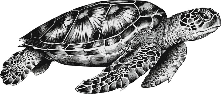 Sea turtle vector illustration with vintage engraved details marine tortoise textured shell flippers and scales for ocean wildlife conservation design.