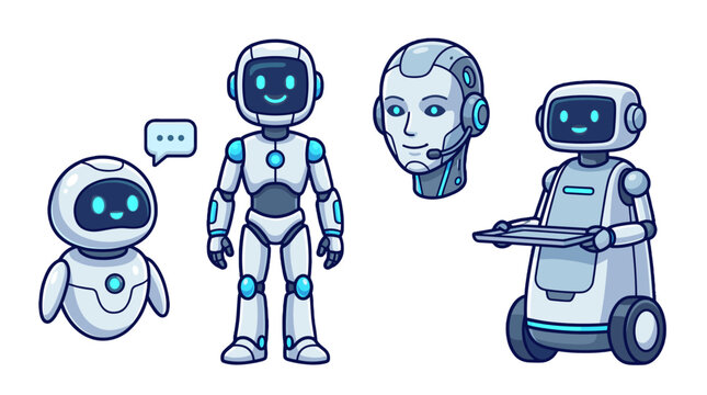 Cute friendly robot character set with chatbot and service droid