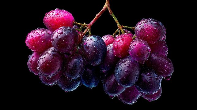 Luxurious Bunch f Fresh Juicy Purple Table Grapes Decorated Daintily With Water Droplets Closely