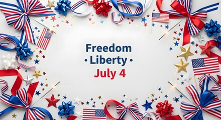 Obraz premium Patriotic july 4th celebration with american flags ribbons and stars on white background