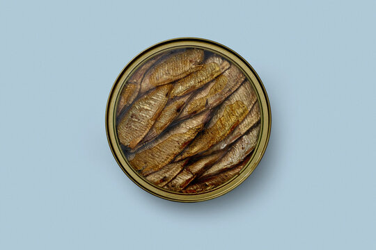 Still life view from above of sprats in oil in round can on blue background
