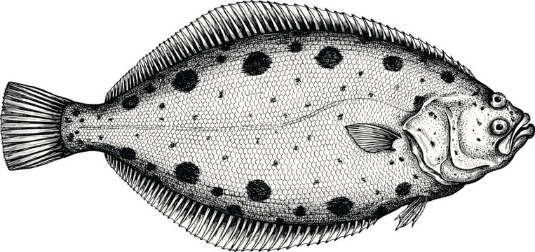 Flounder fish vector illustration with vintage engraved flatfish detailing scales spots and fins for seafood restaurant menu or fishing design.