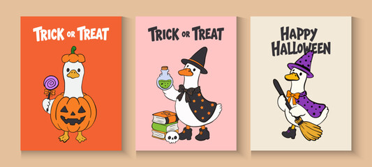 Fototapeta premium Set of trendy minimal Halloween posters with funny goose, pumpkins, bats and modern typography.Cute Spooky Silly Goose Halloween Costume Trick or Treat Hand Drawn collection icon and background