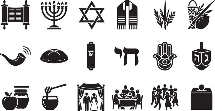 Jewish holiday icons, 18 black judaism symbols, religious vector set isolated on Transparent Background