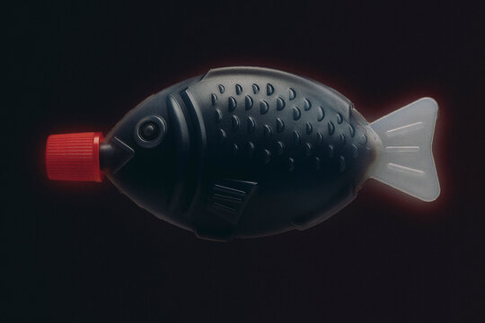 Close up of fish-shaped soy sauce tube against black background