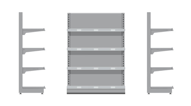 Empty supermarket shelving rack set in gray vector style