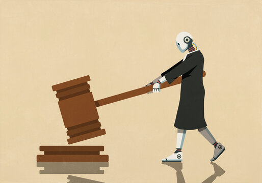Humanoid robot in judge's robe with large gavel against yellow background