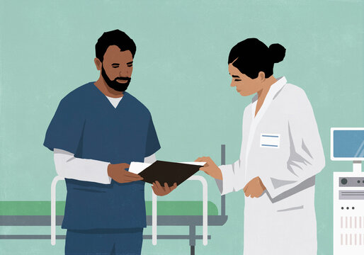 Multiracial doctor and nurse discussing medical chart in hospital