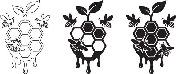 Honeybee honeycomb icons, dripping honey vector, 3 black bee logos isolated on Transparent Background © Rana