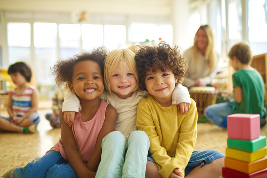  Un c&aacute;lido momento infantil que celebra la amistad, la inclusi&oacute;n y el alegre aprendizaje temprano en un ambiente de aula luminoso y acogedor.