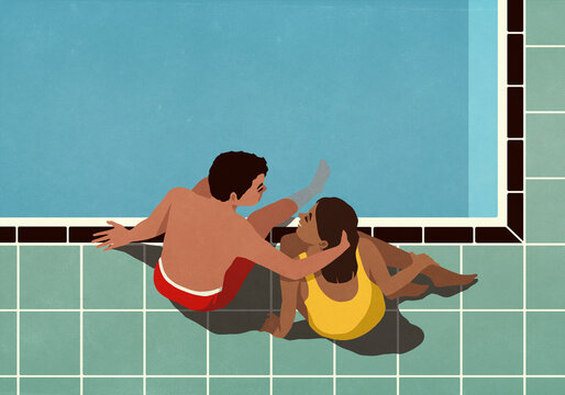 High angle view affectionate couple relaxing at summer poolside