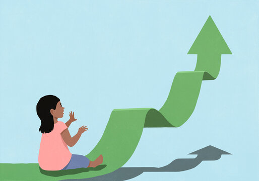 Curious girl looking up at ascending green arrow on blue background