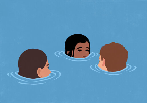Sad young people with faces partially submerged underwater