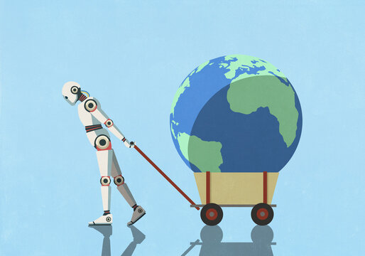 Humanoid robot pulling large globe in wagon