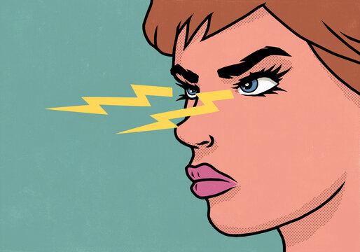Lightning bolts emitting from eyes of angry woman
