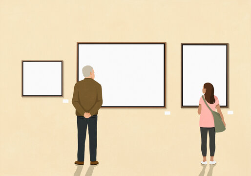 Senior man and young woman looking at art hanging on museum wall