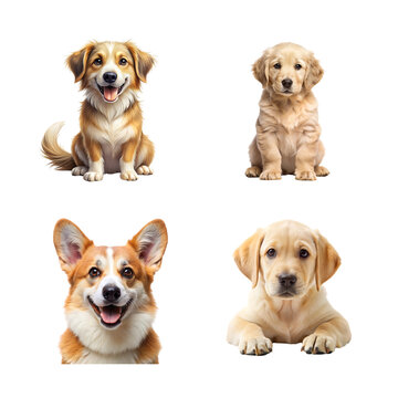 Four adorable dogs isolated on transparent background