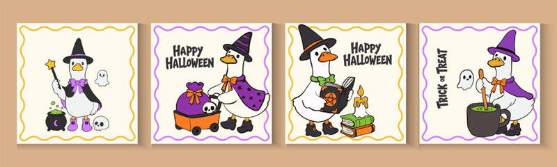Fototapeta premium Set of trendy minimal Halloween posters with funny goose, pumpkins, bats and modern typography.Cute Spooky Silly Goose Halloween Costume Trick or Treat Hand Drawn collection icon and background