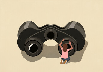 Young woman looking through large binoculars in beige background