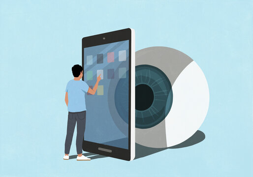 Large eyeball watching man using mobile apps on smart phone