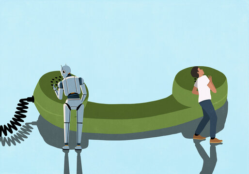 Man and humanoid robot on opposite ends of landline telephone receiver