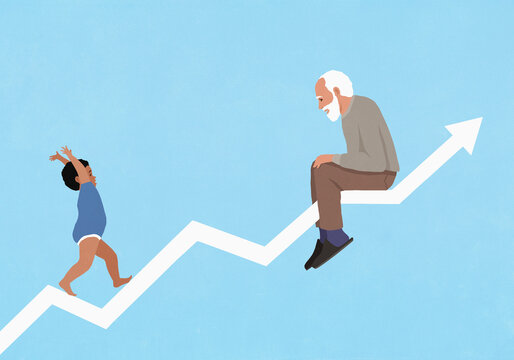 Baby boy walking up ascending arrow toward senior man against blue background