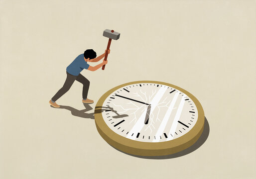 Man with sledgehammer breaking large clock
