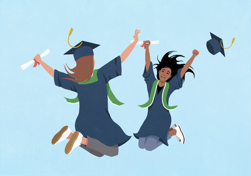 Happy female college graduates jumping for joy, celebrating graduation