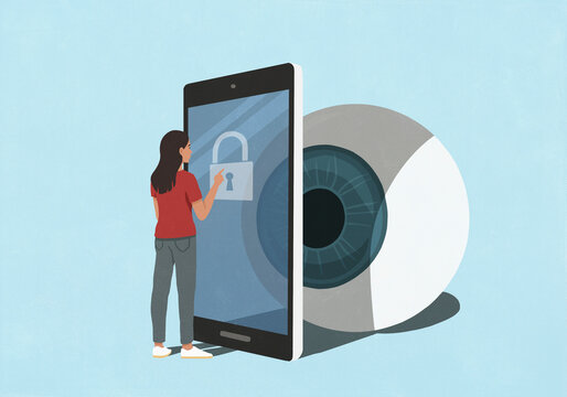 Large eyeball watching woman unlocking smart phone against blue background