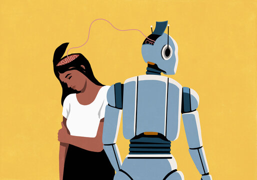 String connecting woman's brain to humanoid robot's head